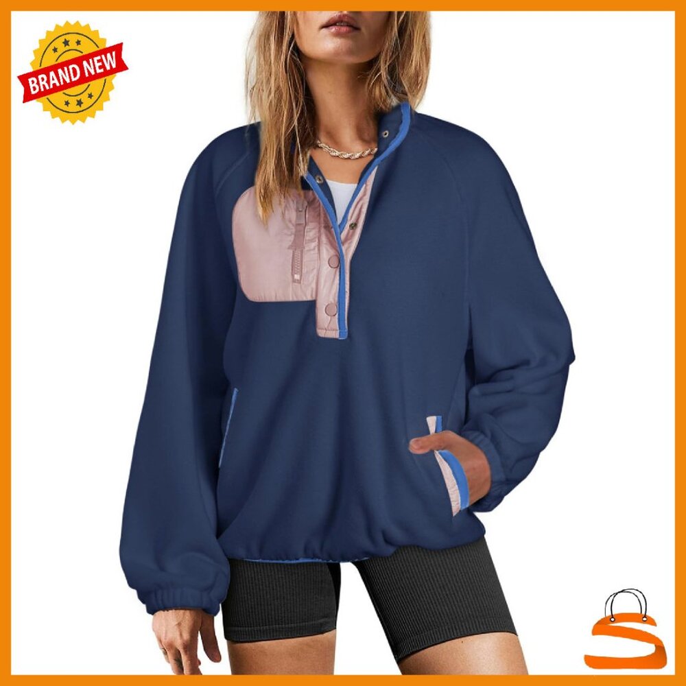 Oversized Fuzzy Fleece Pullover With Button V-Neck And Pockets